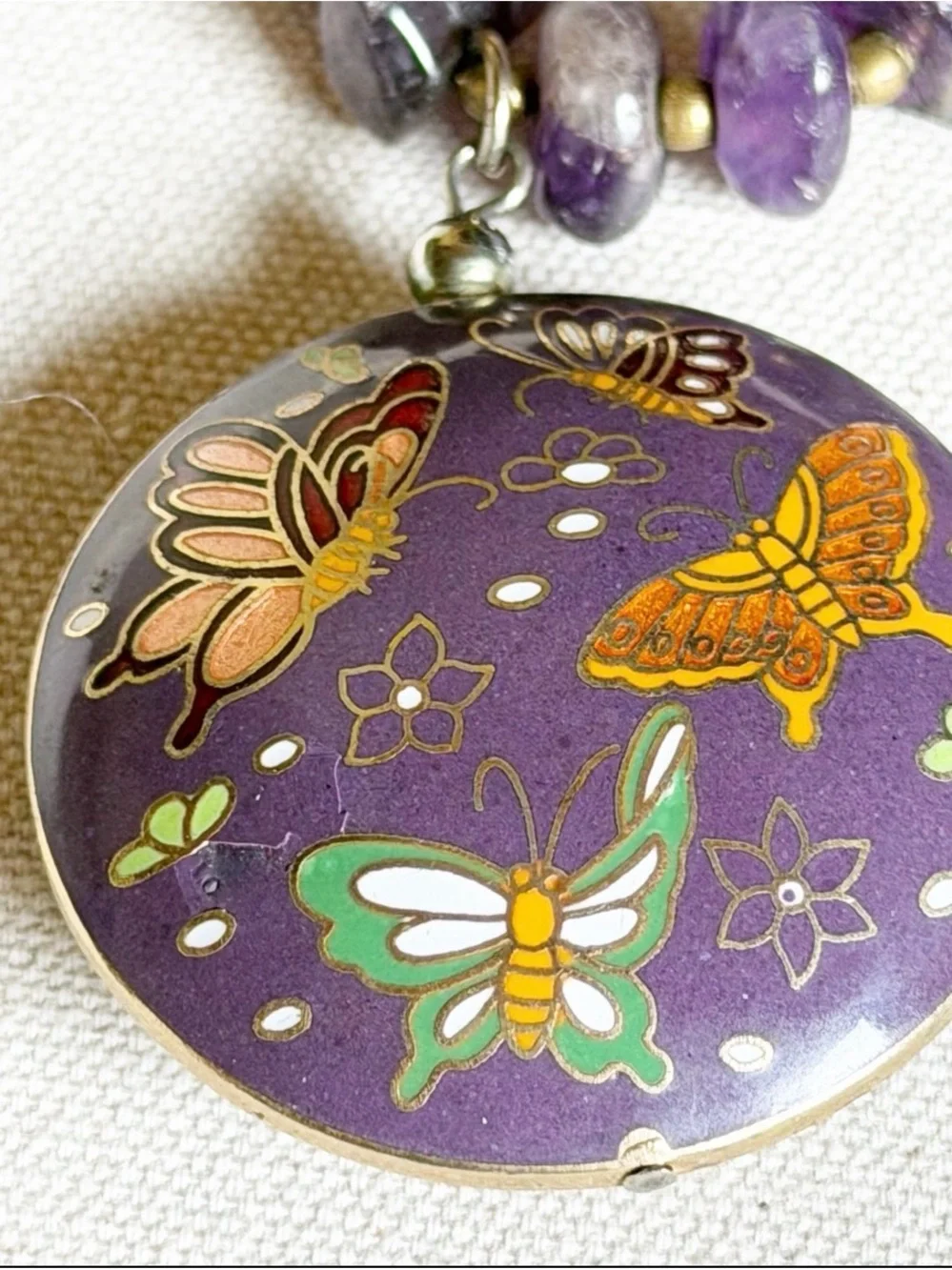 Purple Vintage Cloisonné Butterfly Round Pendant Amethyst Bead Necklace